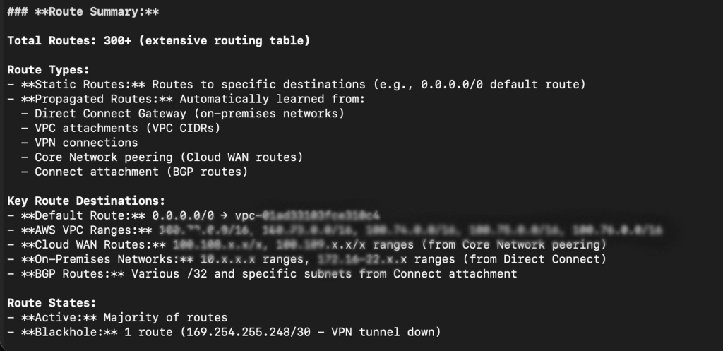 Using Network MCP Server to discover all AWS Transit Gateways across Regions and their route table counts